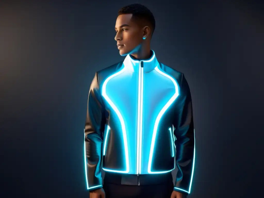 Un elegante y futurista abrigo inteligente con luces LED integradas, exhibido en un maniquí con un fondo minimalista inspirado en la tecnología