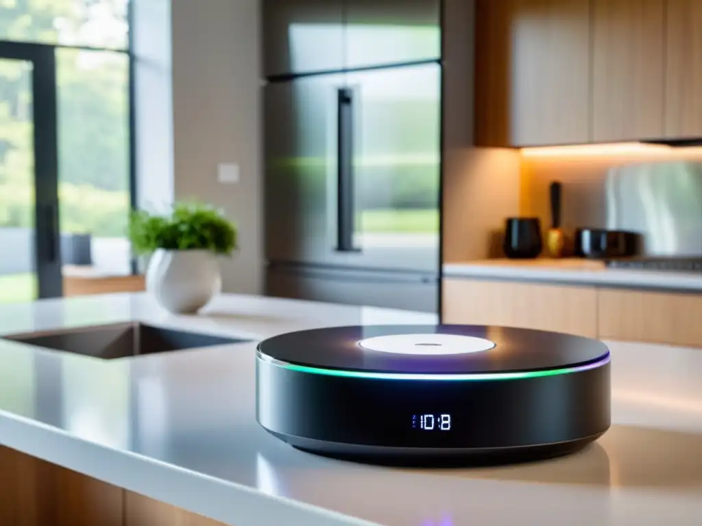 Una elegante y moderna central doméstica rodeada de dispositivos IoT en una cocina contemporánea