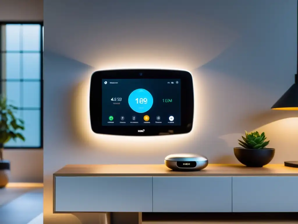 Una elegante seguridad en casas inteligentes IoT, con diseño futurista y tecnología avanzada, integrada en un moderno salón minimalista