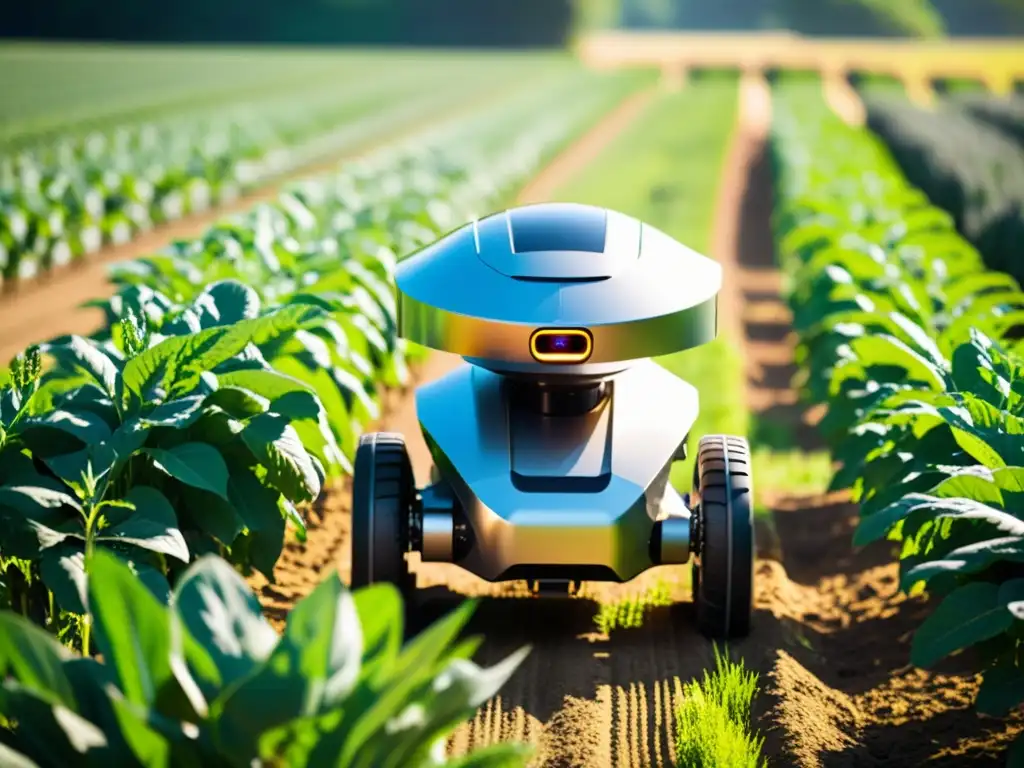 Un robot agrícola tecnología emergente trabaja en un campo soleado rodeado de cultivos exuberantes, transmitiendo eficiencia y productividad