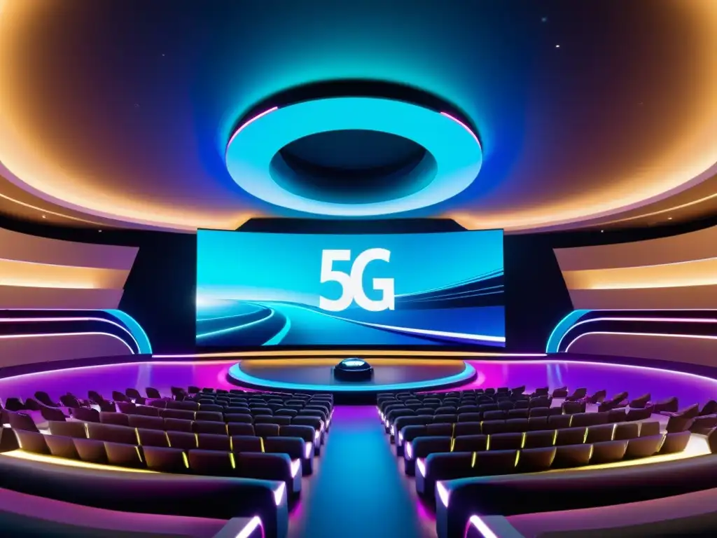 Un emocionante escenario de entretenimiento futurista con tecnología de streaming ultra rápido 5G integrada en cada aspecto de la experiencia