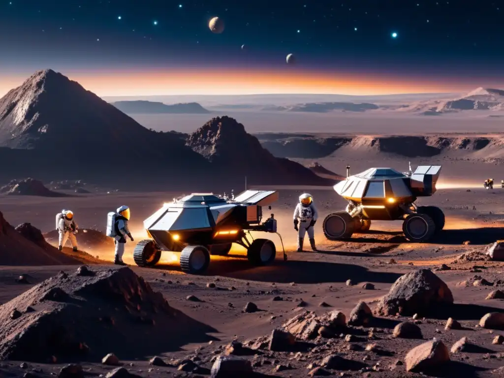 Un emocionante paisaje futurista de minería espacial en un asteroide, con robots extrayendo recursos en un entorno rocoso