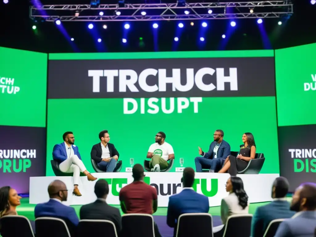 Emprendedores diversos presentan ideas innovadoras en TechCrunch Disrupt, con gráficos tecnológicos futuristas