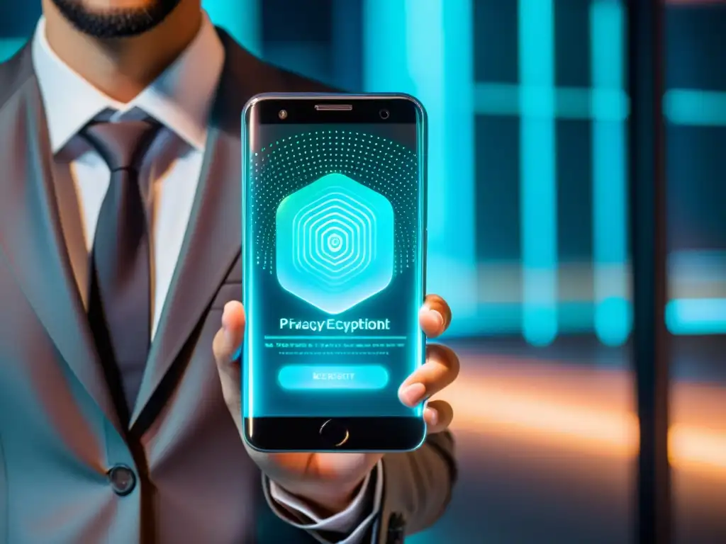 Un empresario sostiene un smartphone futurista con holograma de seguridad, en un entorno de oficina de alta tecnología