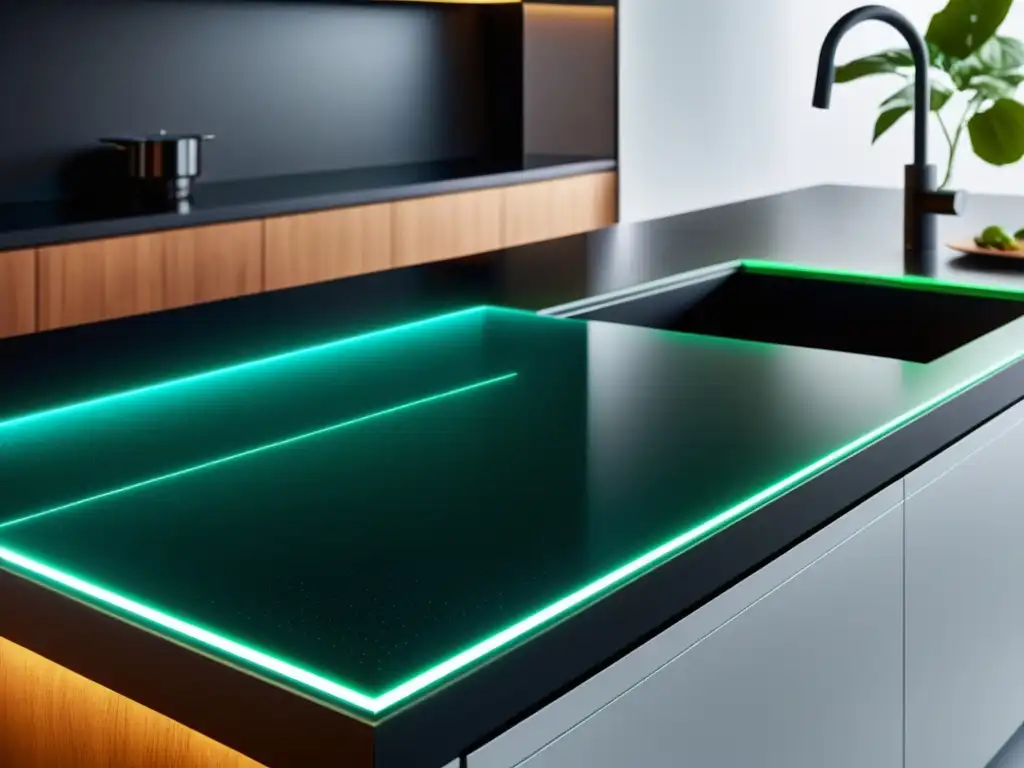 Encimera de cocina con nanotecnología: diseño futurista y funcional Una encimera de cocina moderna con nanotecnología integrada, mostrando funcionalidad avanzada y diseño elegante