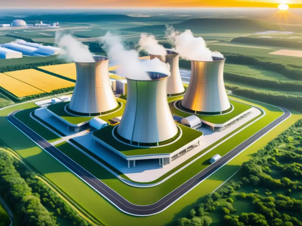 Energía atómica del futuro sostenible: planta nuclear vanguardista en un entorno natural exuberante, bañada por la cálida luz dorada del atardecer