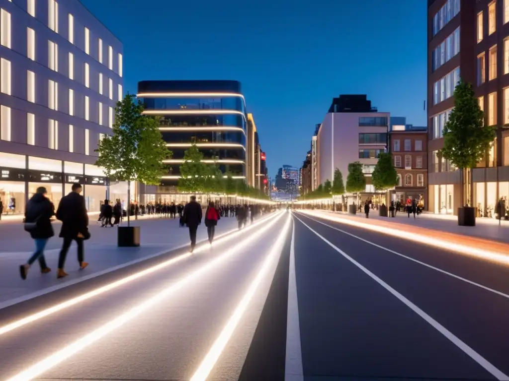 Energía piezoeléctrica ilumina calles urbanas con luces brillantes, reflejando futurismo y sofisticación citadina