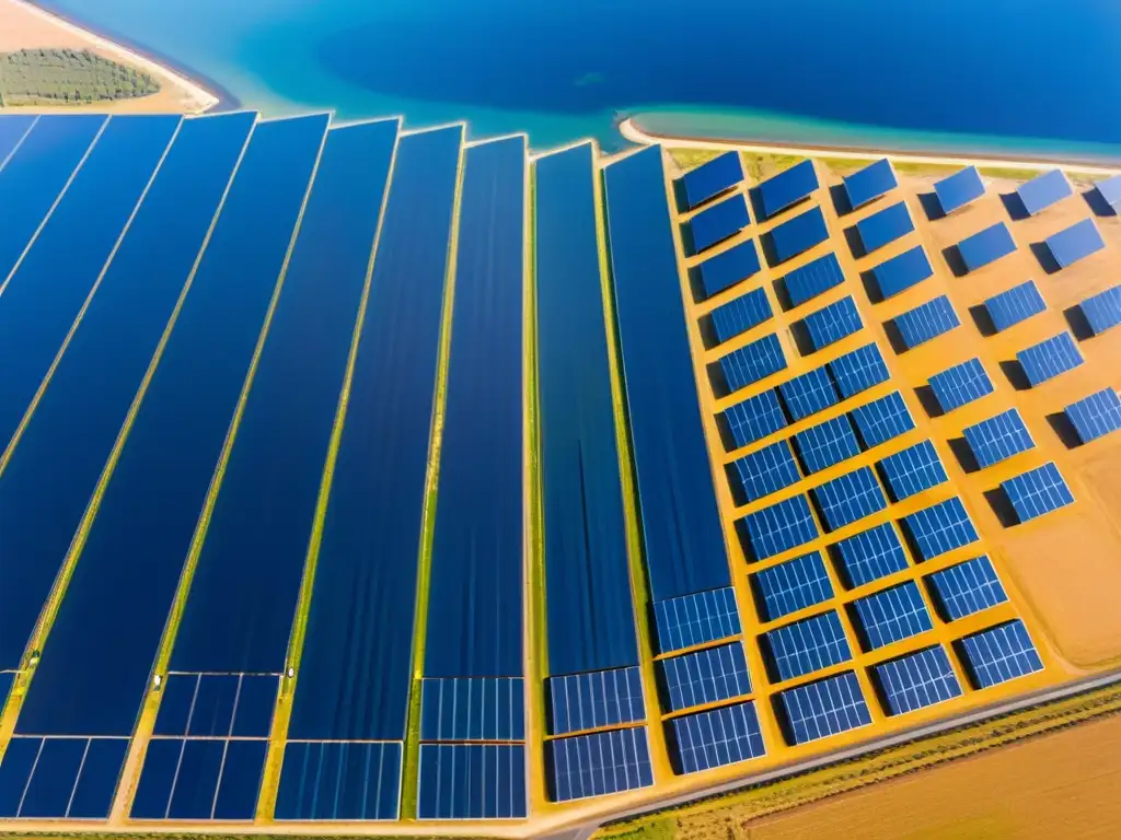 Inversión en energías renovables sostenibles: Vista aérea de una inmensa granja solar, con paneles relucientes capturando la luz del sol bajo un cielo azul claro, transmitiendo progreso y sostenibilidad