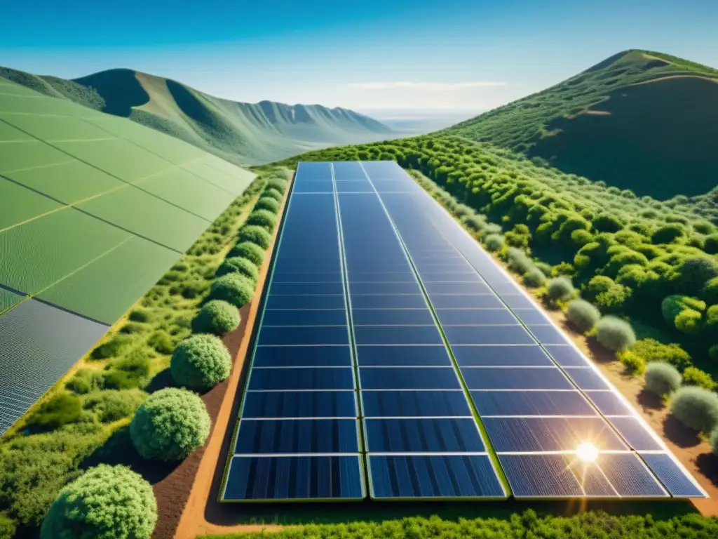 Inversión en energías renovables sostenibles: Un campo futurista de paneles solares 8k ultradetallados, integrados armónicamente en un paisaje natural, brillando bajo el sol y rodeados de exuberante vegetación y un cielo azul claro