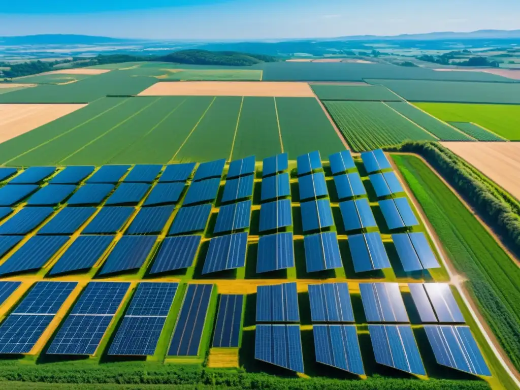 Inversión en energías renovables sostenibles: Una granja solar moderna se extiende entre verdes campos bajo el cielo azul, con paneles relucientes y trabajadores inspeccionando la infraestructura