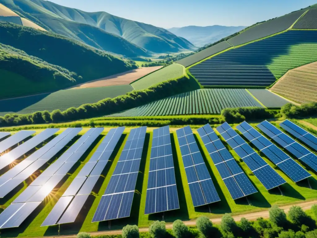 Inversión en energías renovables sostenibles: granja solar con paneles relucientes bajo el sol, en un entorno natural impresionante