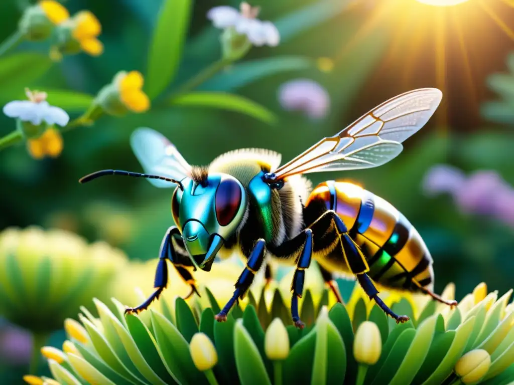 Un enjambre de abejas robóticas polinizando flores en un jardín exuberante