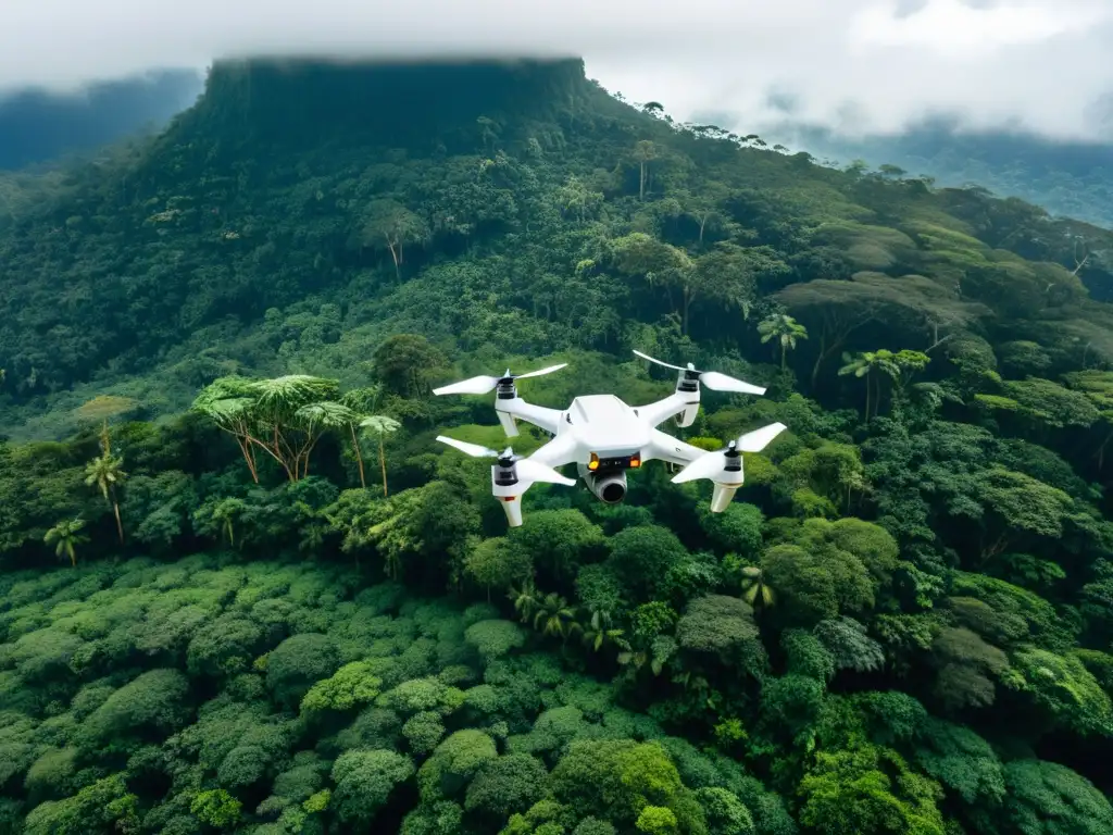 Un enjambre de drones robóticos metálicos planea sobre la exuberante selva, listos para protegerla