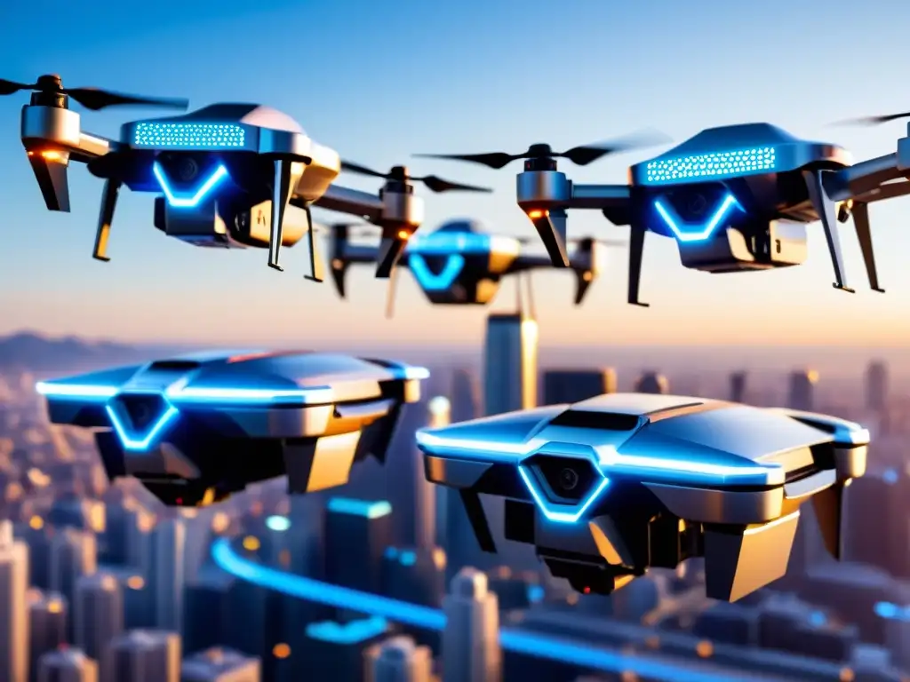 Un enjambre de drones robóticos en vuelo sobre una ciudad futurista