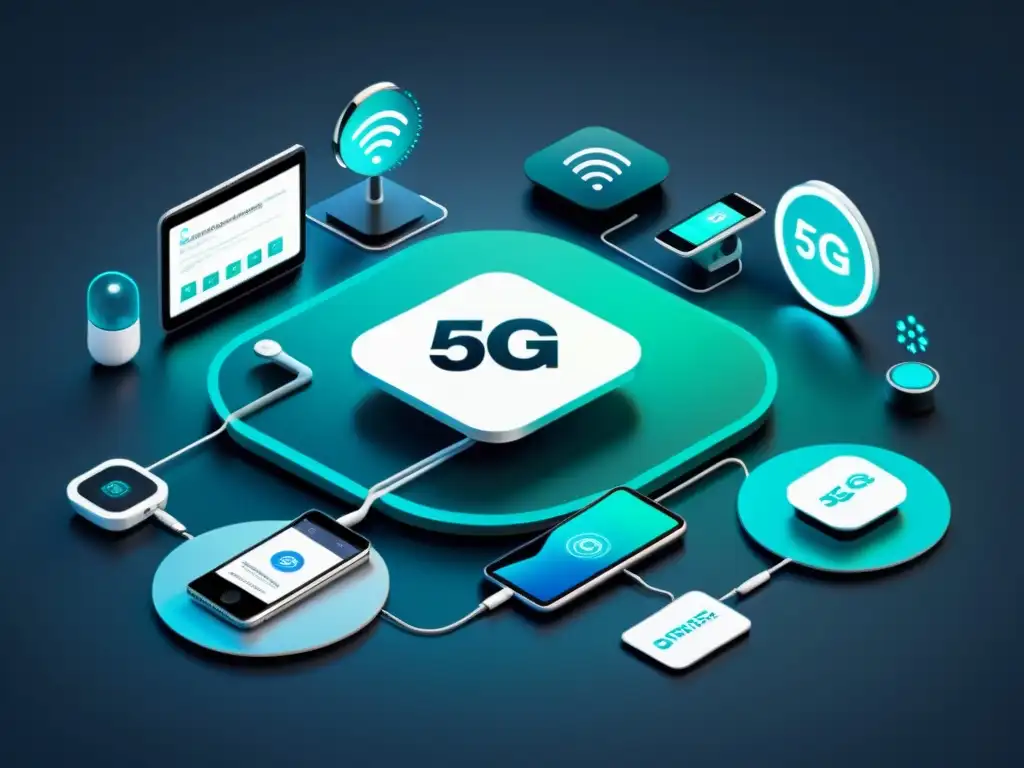 Un entorno minimalista y futurista muestra la interoperabilidad en 5G dispositivos conectados de forma fluida