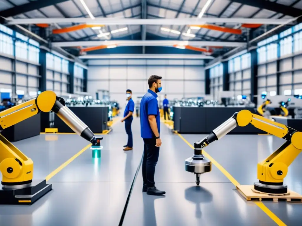 Un entorno moderno de fabricación con cobots y trabajadores humanos colaborando, destacando el impacto de los cobots en la industria manufacturera