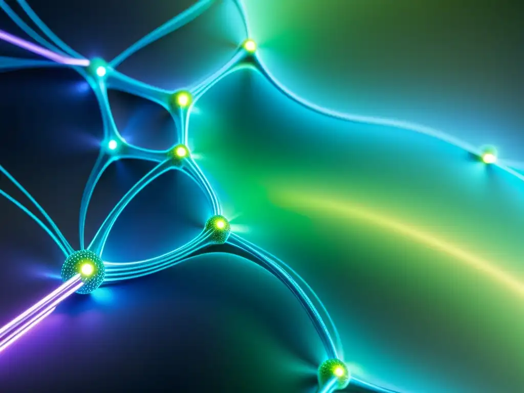 Nanocables brillantes entrelazados con energía vibrante en azul y verde Un entramado de nanocables interconectados con partículas de energía vibrante y pulsante