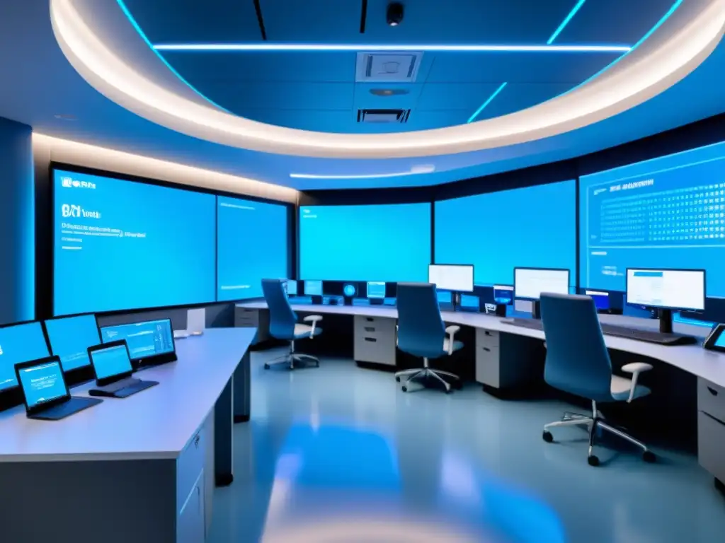 Equipo de ciberseguridad en hospital moderno protegiendo datos sensibles de salud en un entorno sofisticado y futurista iluminado en azul