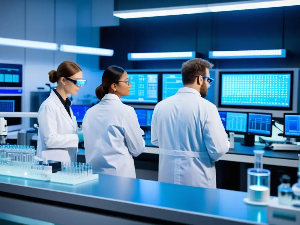 Investigadores innovadores en laboratorio de biotecnología Equipo de científicos en laboratorio de biotecnología de alta tecnología, observando proceso de producción de vacunas bajo microscopio