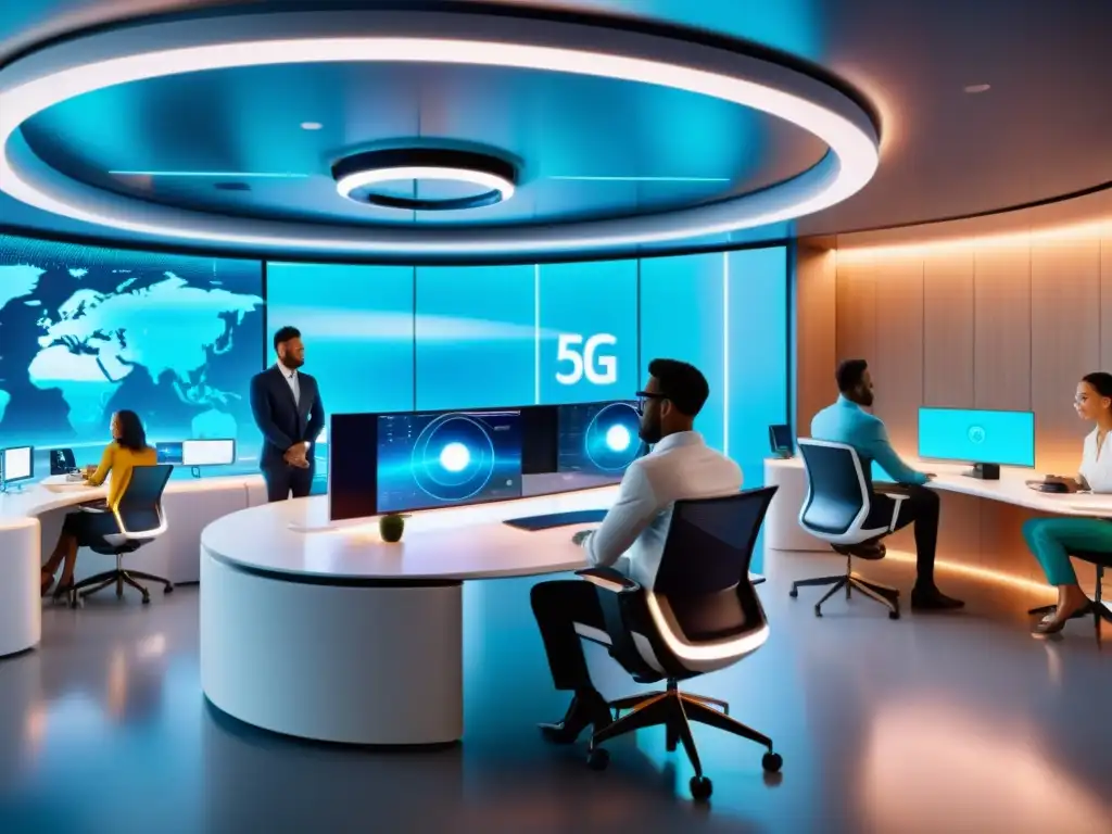 Equipo diverso colaborando en oficina futurista con tecnología 5G integrada