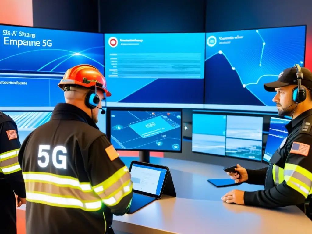 Equipo de emergencia coordinando con dispositivos 5G en una crisis