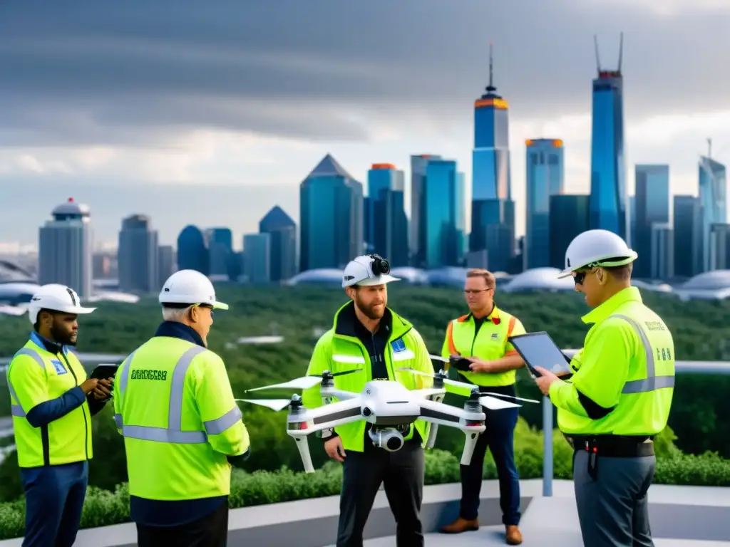 Equipo de emergencia y drones 5G coordinando respuesta en ciudad futurista