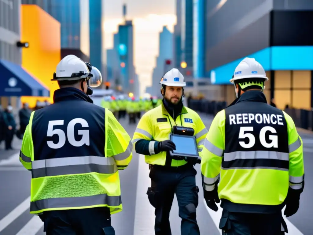 Equipo de emergencia coordinando respuesta con tecnología 5G en gestión de emergencias, mostrando profesionalismo y eficacia en la ciudad moderna