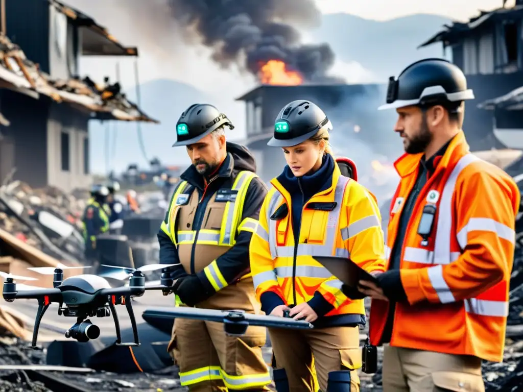 Equipo de emergencia coordinando con tecnología 5G en medio de desastre natural