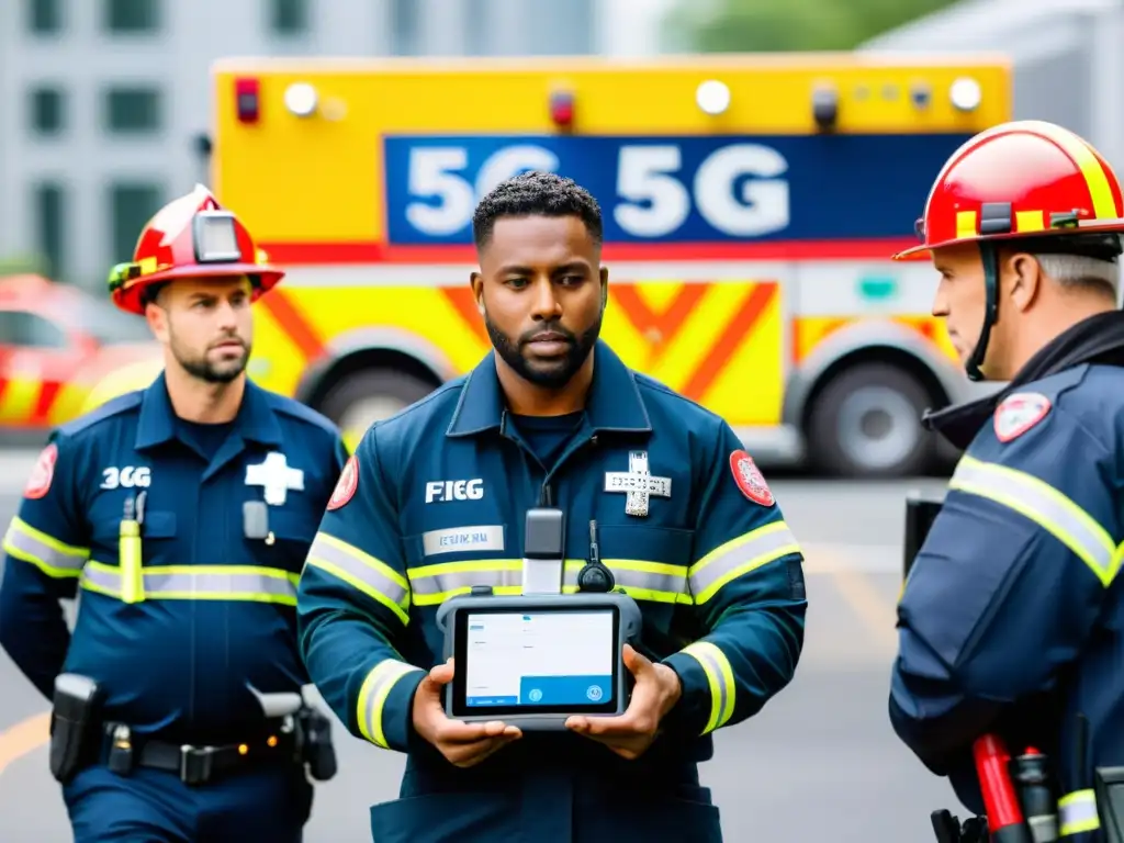 Equipo de emergencia usando tecnología 5G para coordinar una respuesta rápida y efectiva en una escena de desastre