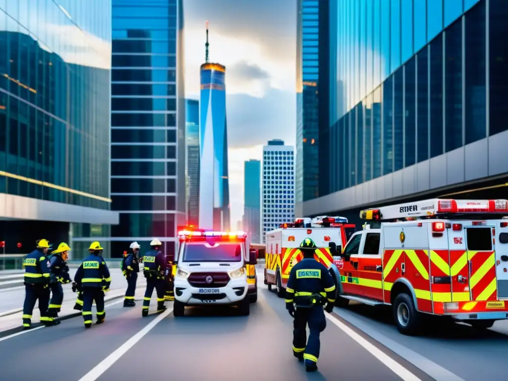 Equipo de emergencia urbana moderno en acción, con paramédicos, bomberos y policías trabajando juntos entre rascacielos