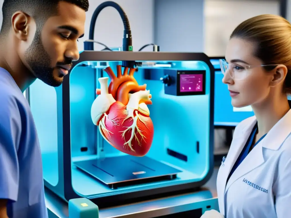 Equipo médico observa impresión 3D de corazón humano