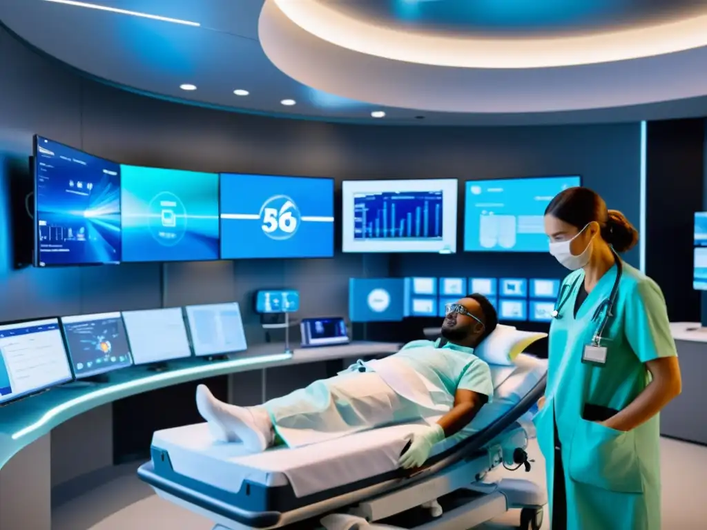 Un equipo médico utiliza dispositivos médicos avanzados conectados a 5G para atender a pacientes en una instalación médica de emergencia de última generación, destacando los beneficios del 5G en emergencias médicas