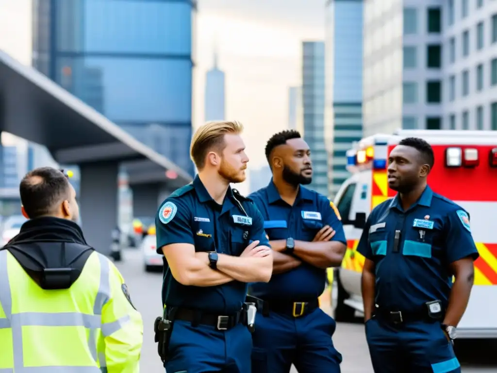 Un equipo de paramédicos discute afuera de una ambulancia, con dispositivos y sensores IoT modernos visibles en su equipamiento y uniformes