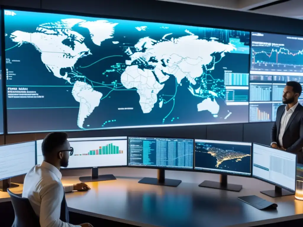 Un equipo de profesionales en ciberseguridad analiza datos y códigos, con un mapa digital de amenazas cibernéticas en el fondo