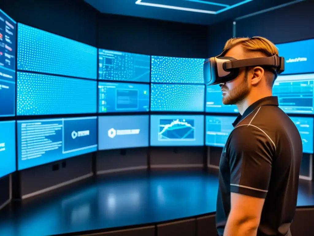 Equipo de profesionales en ciberseguridad practicando defensas en un centro de entrenamiento de alta tecnología con realidad virtual