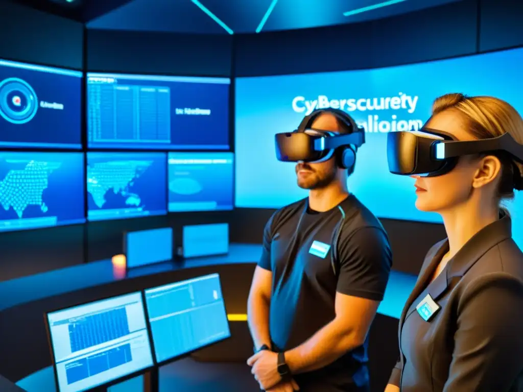 Equipo de profesionales de ciberseguridad en sala de simulación, usando realidad virtual para entrenamiento ciberataques ciberresiliencia