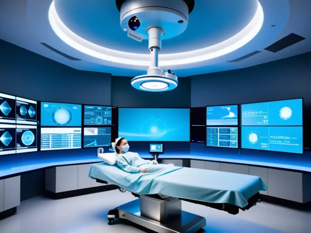 Quirófano 5G: Innovación y precisión en cirugía Equipo quirúrgico de vanguardia en sala de operaciones con tecnología 5G, creando un ambiente futurista y eficiente