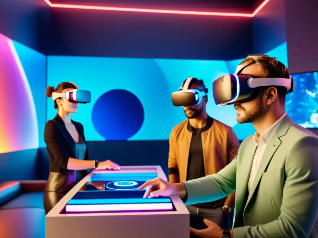 Equipo de startups tecnológicas inmerso en arte digital futurista, creando en realidad virtual con innovación y creatividad