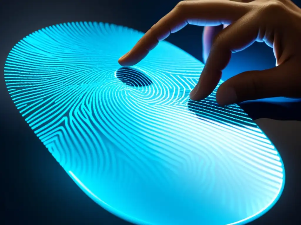 Un escáner biométrico futurista ilumina con suave luz azul la huella dactilar de una mano, en un entorno hitech y profesional