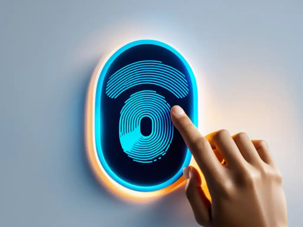 Escáner de huellas futurista con interfaz azul brillante Un escáner de huellas dactilares futurista con interfaz azul brillante, operado por una persona en traje de negocios