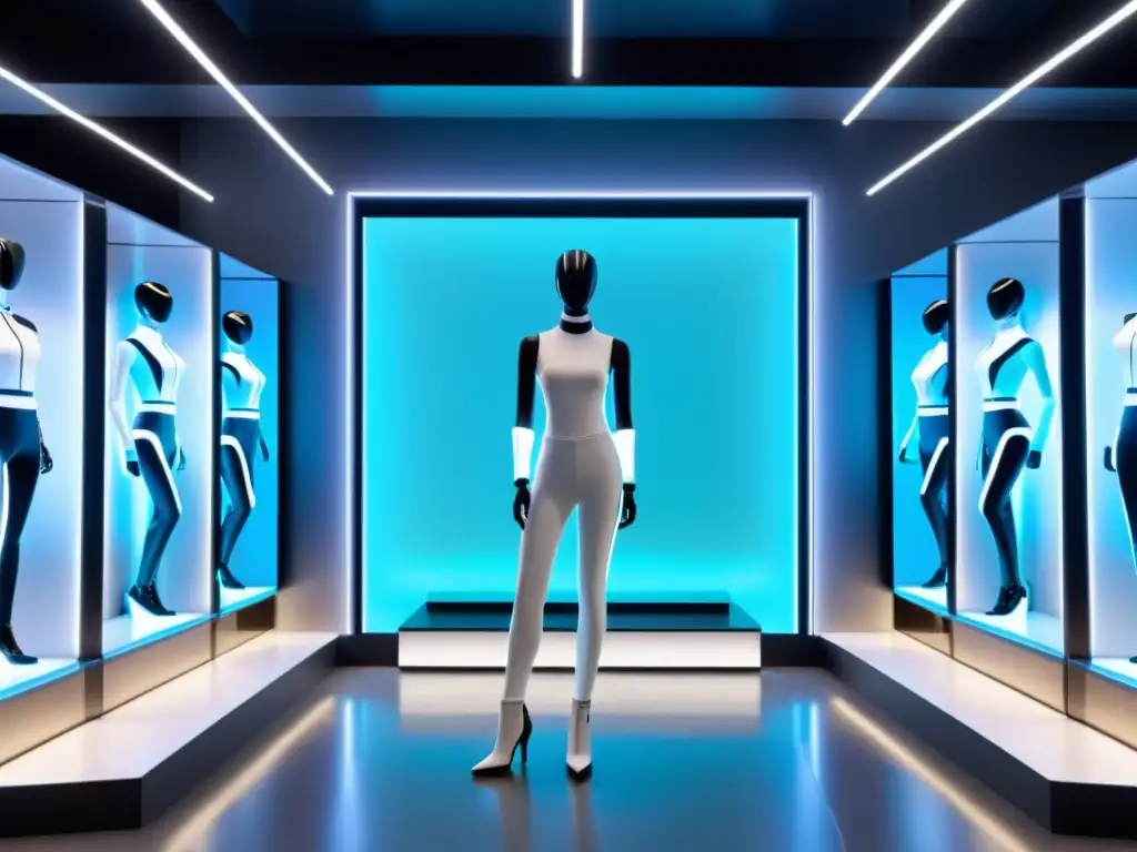 Escaparate futurista con recomendaciones de ropa personalizada por inteligencia artificial