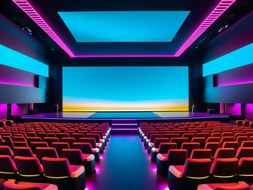 Escena de convergencia entretenimiento cine TV Tech en futurista lugar de eventos con arquitectura moderna, tecnología de vanguardia y pantalla LED