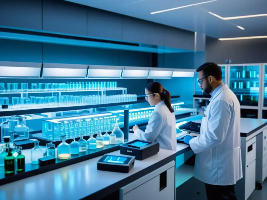 Escena detallada de laboratorio con científicos trabajando en equipo, rodeados de tecnología biotecnológica avanzada para la conservación genética