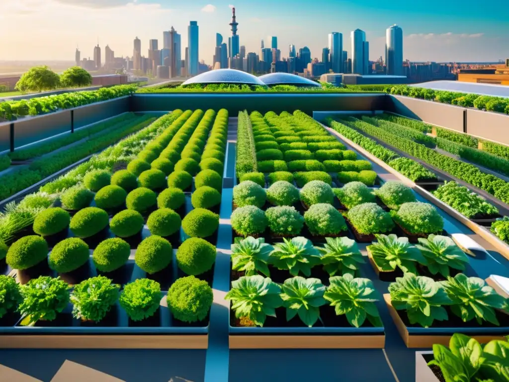 Una escena futurista de agricultura urbana inteligente IoT, con cultivos exuberantes y dispositivos tecnológicos integrados en un jardín en la azotea de un edificio moderno