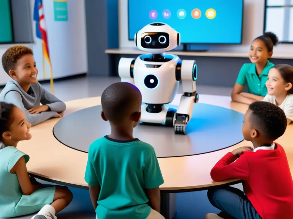 Una escena futurista en un aula moderna, niños y robots debaten con entusiasmo