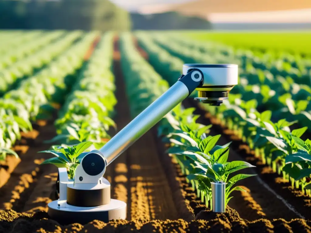 Una escena futurista muestra un brazo robótico plantando semillas en un campo soleado, mientras drones recopilan datos