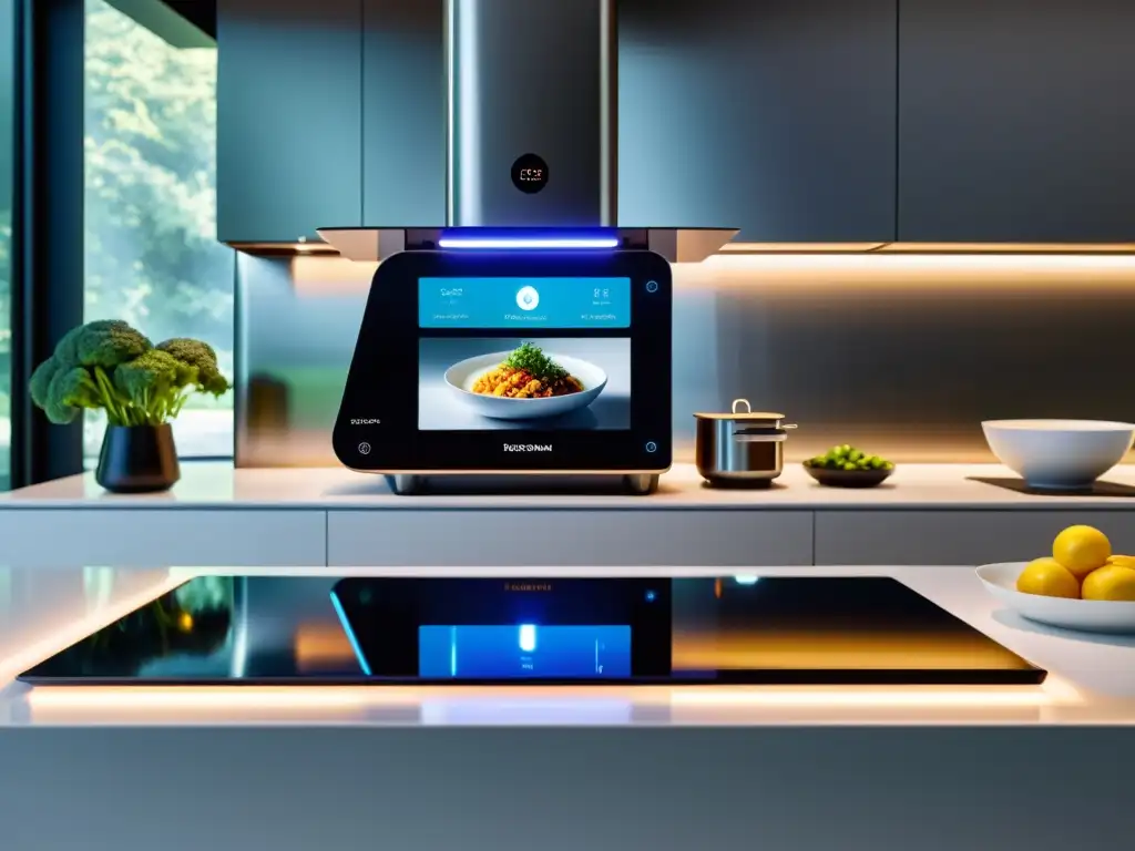 Escena futurista de cocina con tecnología de inteligencia artificial en nutrición personalizada, mostrando preparación de comidas avanzadas y hologramas de información nutricional