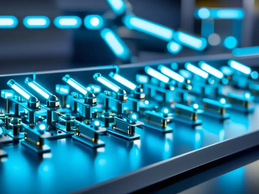 Nanorobots: Asombroso Montaje de Alta Tecnología Escena futurista de ensamblaje de nanorobots bajo luz azul