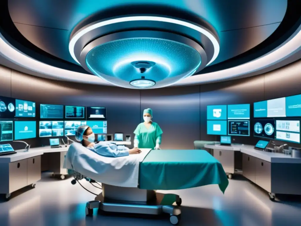 Escena futurista de entrenamiento quirúrgico con IA en sala de operaciones virtual, tecnología de vanguardia y equipo médico avanzado