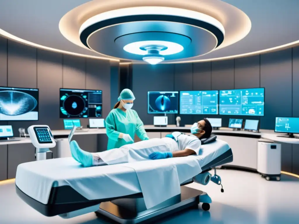 Escena futurista de inteligencia artificial en medicina con cirugía robótica y personal médico monitoreando